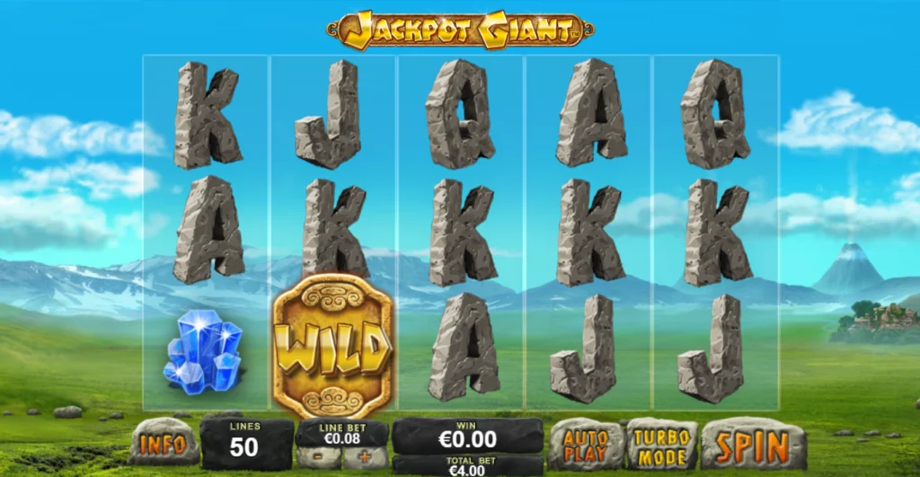 Jackpot Giant slot base game by Playtech with stone card symbols and a gold Wild