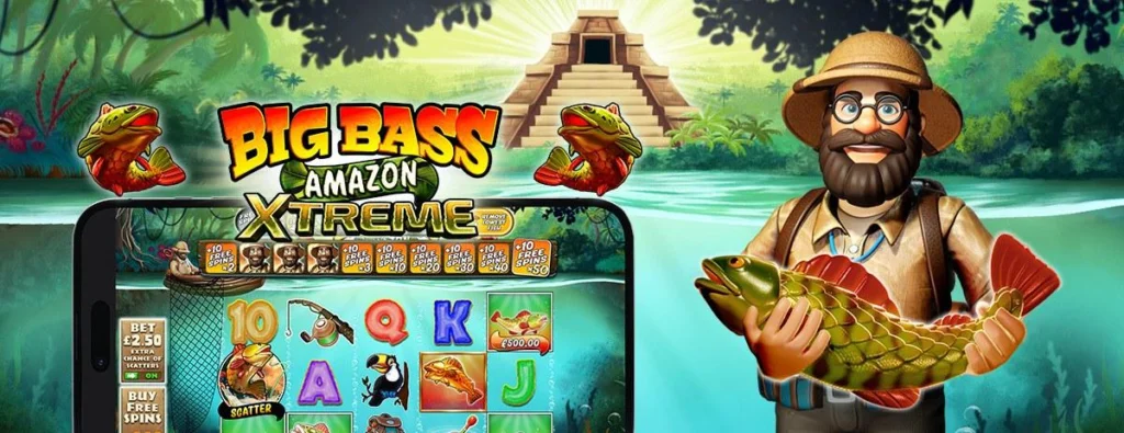Big Bass Amazon Xtreme slot launch artwork with the explorer fisherman and a jungle temple