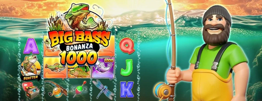 Big Bass Bonanza 1000 slot launch artwork with the fisherman and the 1000 logo over the reels