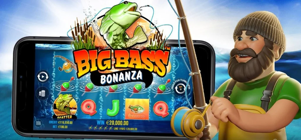 Big Bass Bonanza slot launch artwork with the fisherman and the game on a phone screen