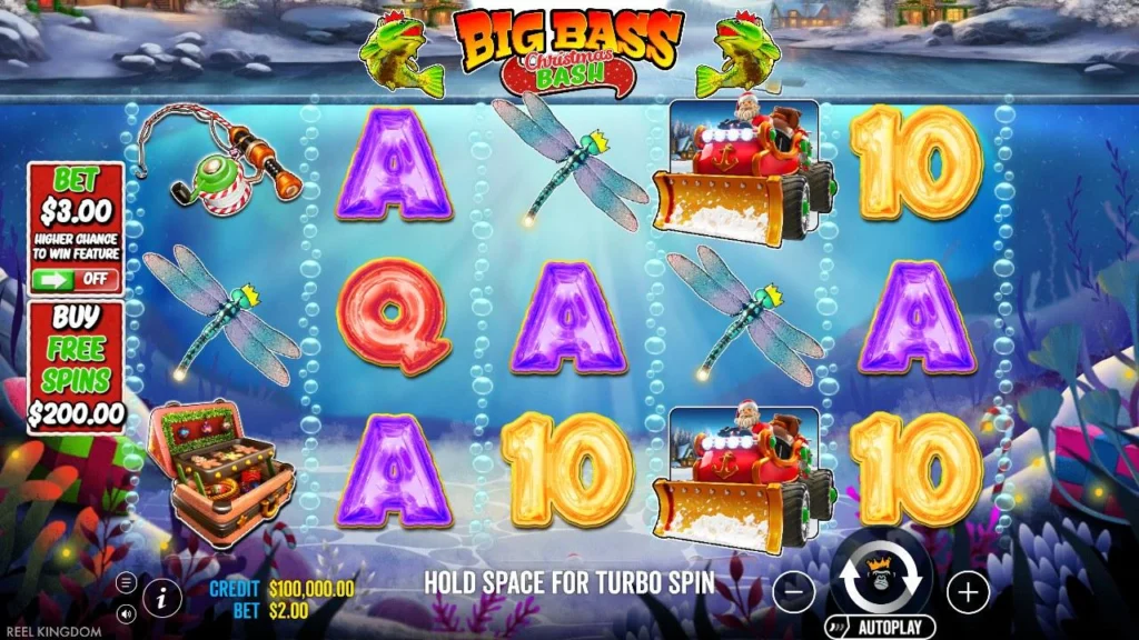 Big Bass Christmas Bash slot base game reels with dragonflies, snow plough and tackle box symbols