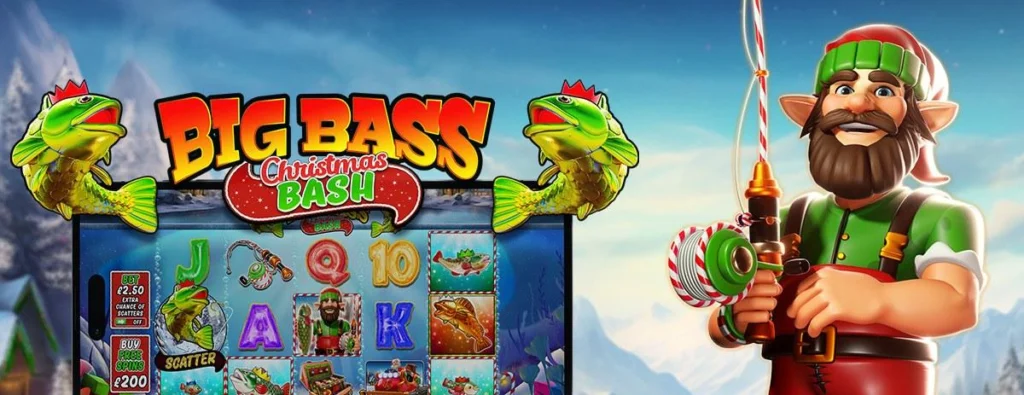 Big Bass Christmas Bash slot launch artwork with the elf fisherman and snowy reels