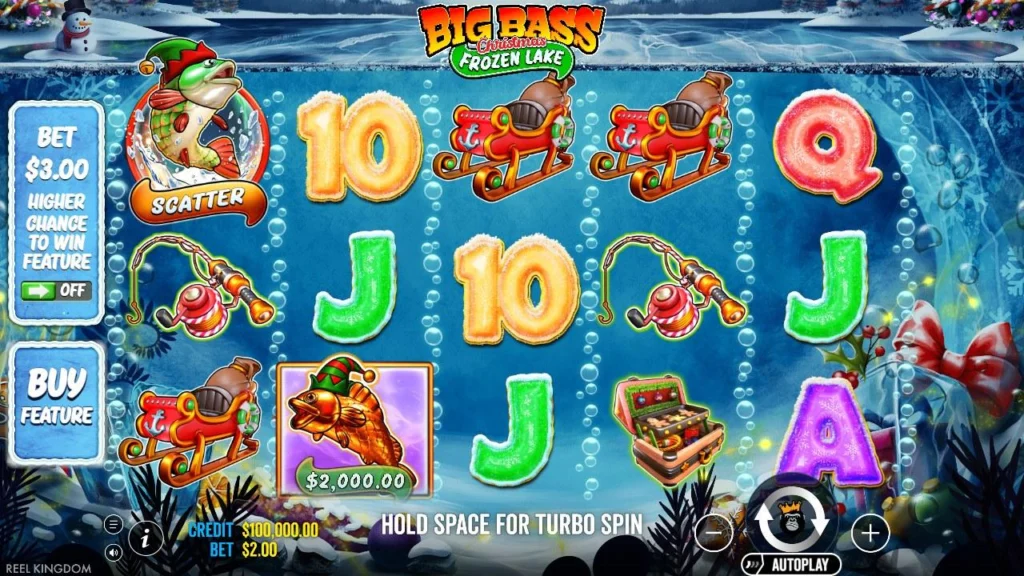 Big Bass Christmas Frozen Lake slot base game reels with sleighs, tackle box and a fish money symbol