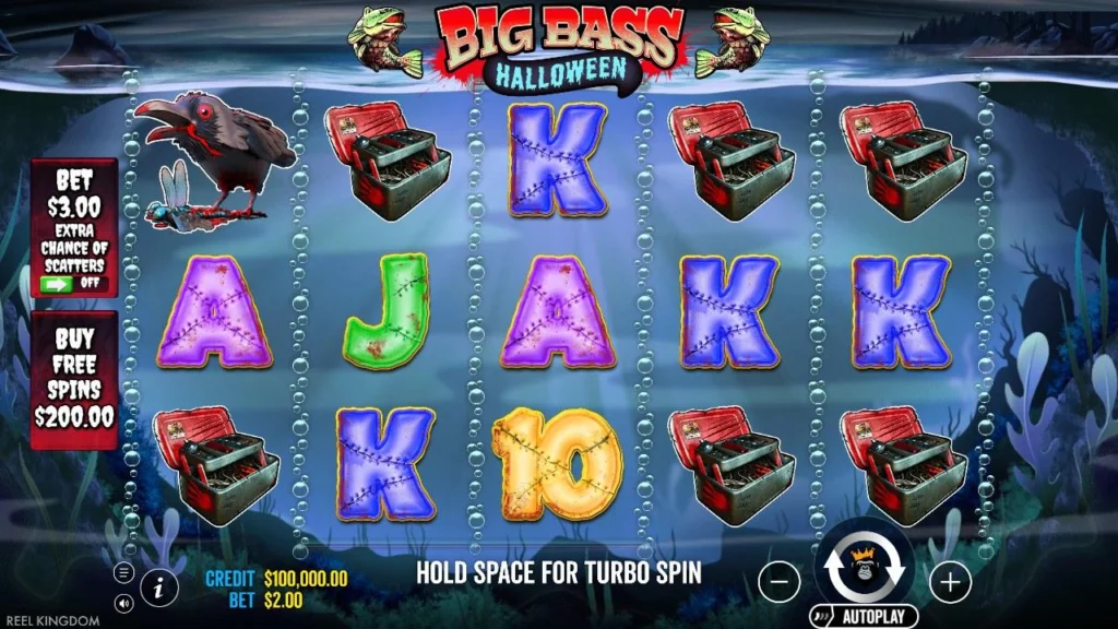 Big Bass Halloween slot 5x3 reels with crow, tackle box and card symbols