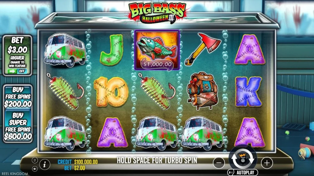 Big Bass Halloween 3 slot reels with fish money symbol and buy free spins options