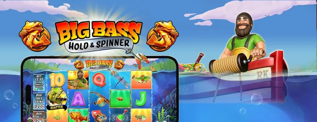 Big Bass Hold and Spinner slot launch artwork with the fisherman in a boat and the reels on a phone