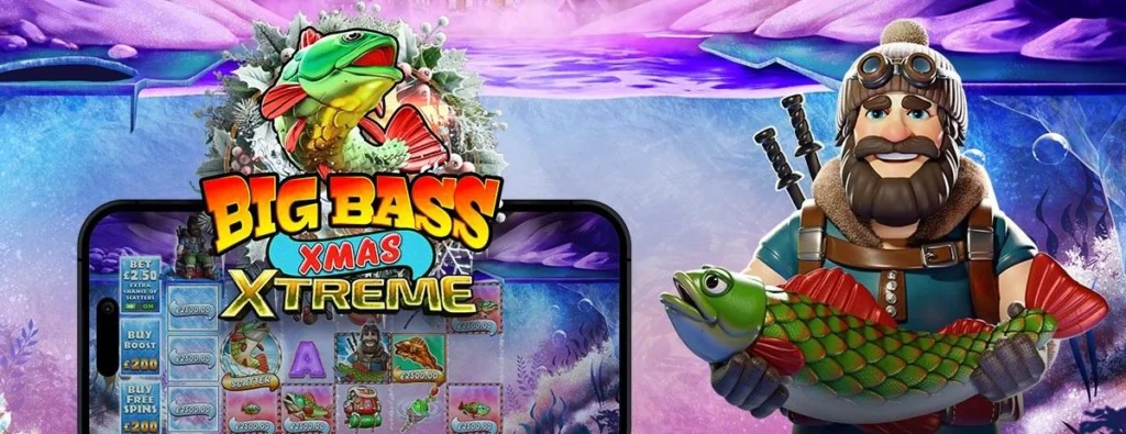 Big Bass Xmas Xtreme slot launch artwork with the Antarctic fisherman holding a large fish