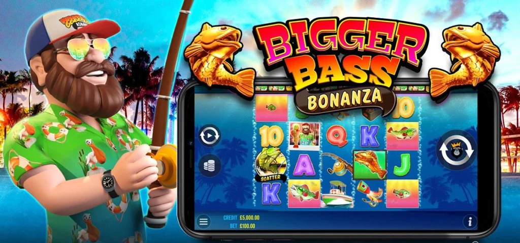 Bigger Bass Bonanza slot launch artwork with the fisherman in a Hawaiian shirt and the 5x4 reels