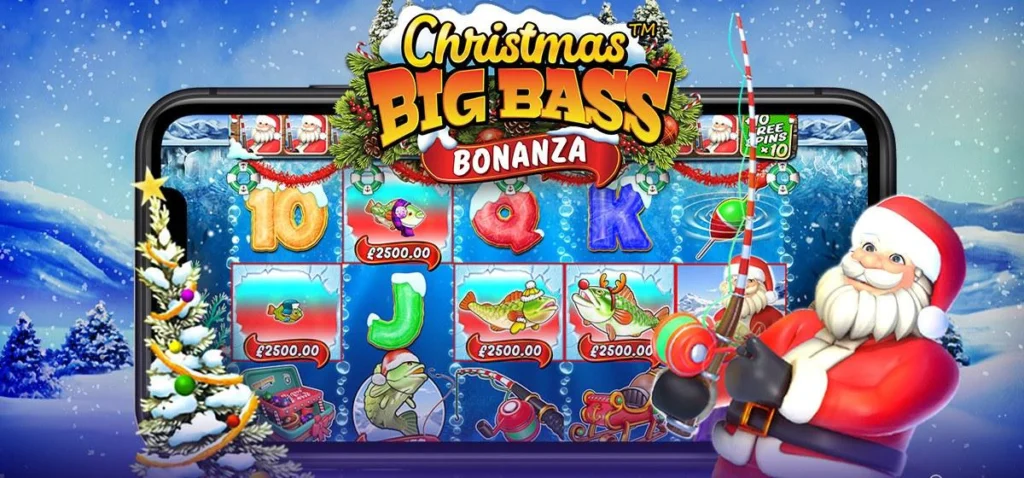 Christmas Big Bass Bonanza slot launch artwork with Santa fishing beside the reels