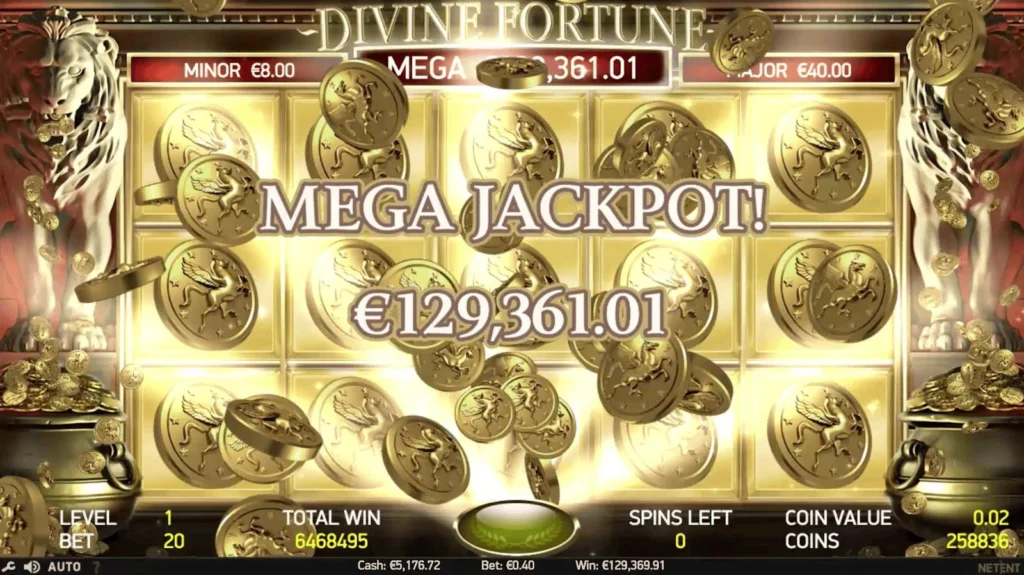Divine Fortune slot Jackpot Bonus grid filled with gold coins showing a Mega Jackpot win