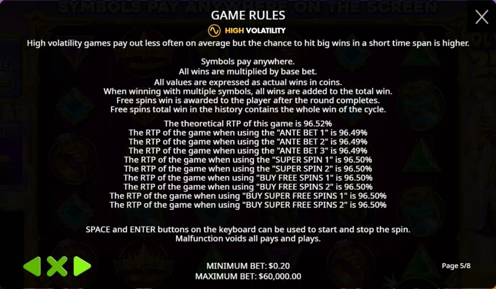 Skrin peraturan Gates of Olympus 2500 yang menunjukkan RTP bagi setiap mod pertaruhan