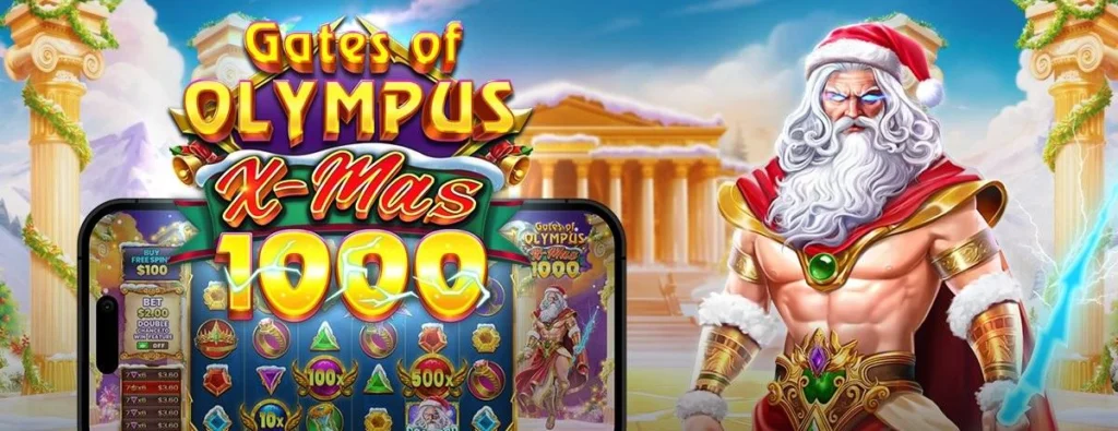 Gates of Olympus Xmas 1000 slot launch artwork with Zeus in a Santa hat and red robes