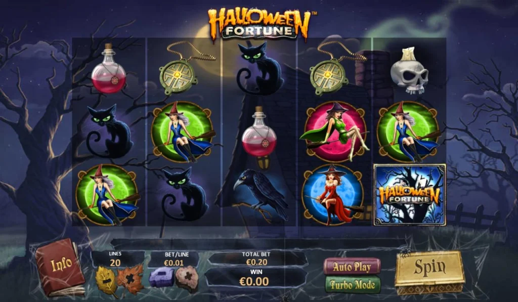 Halloween Fortune slot 5x3 reels with witches, black cats, potions and ravens