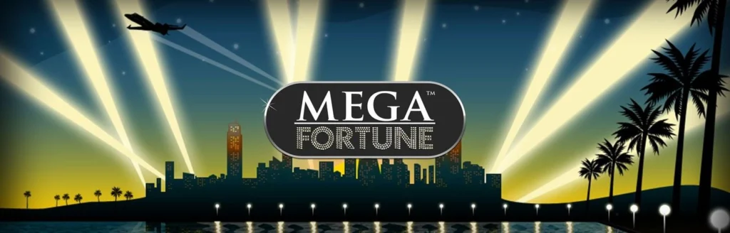 Mega Fortune progressive jackpot slot key artwork with city skyline and searchlights