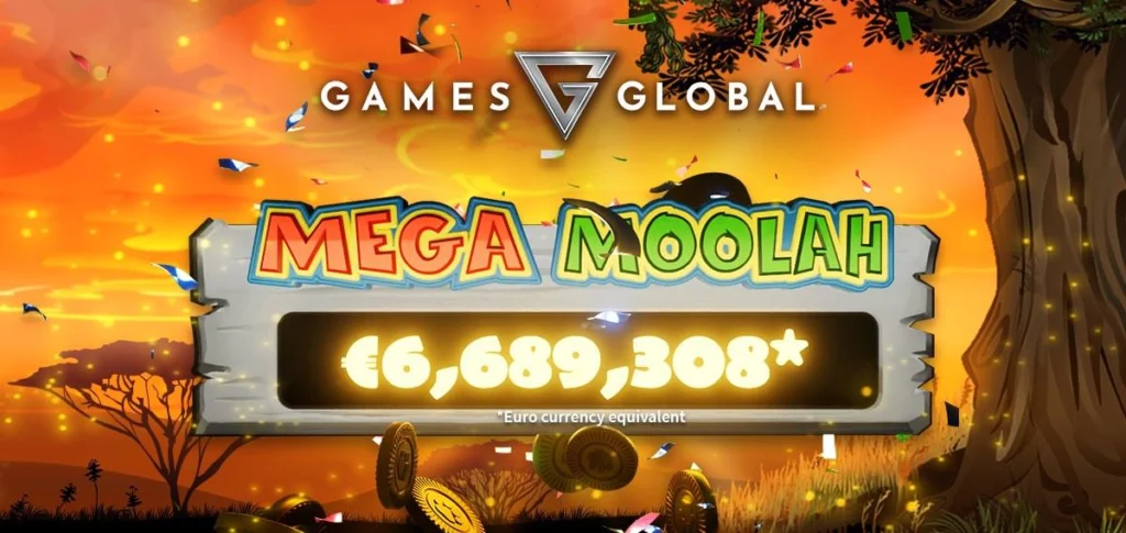 Mega Moolah progressive jackpot slot logo on Games Global press artwork for a jackpot win