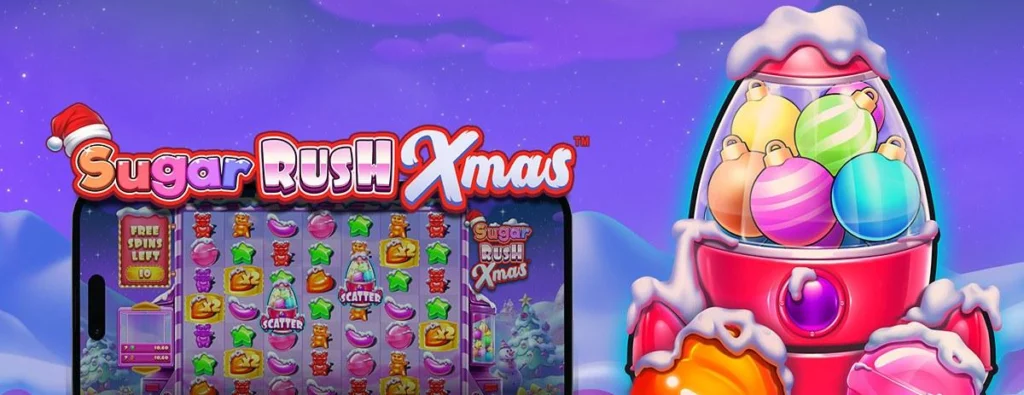 Sugar Rush Xmas slot launch artwork with the 7x7 candy grid and a festive gumball machine