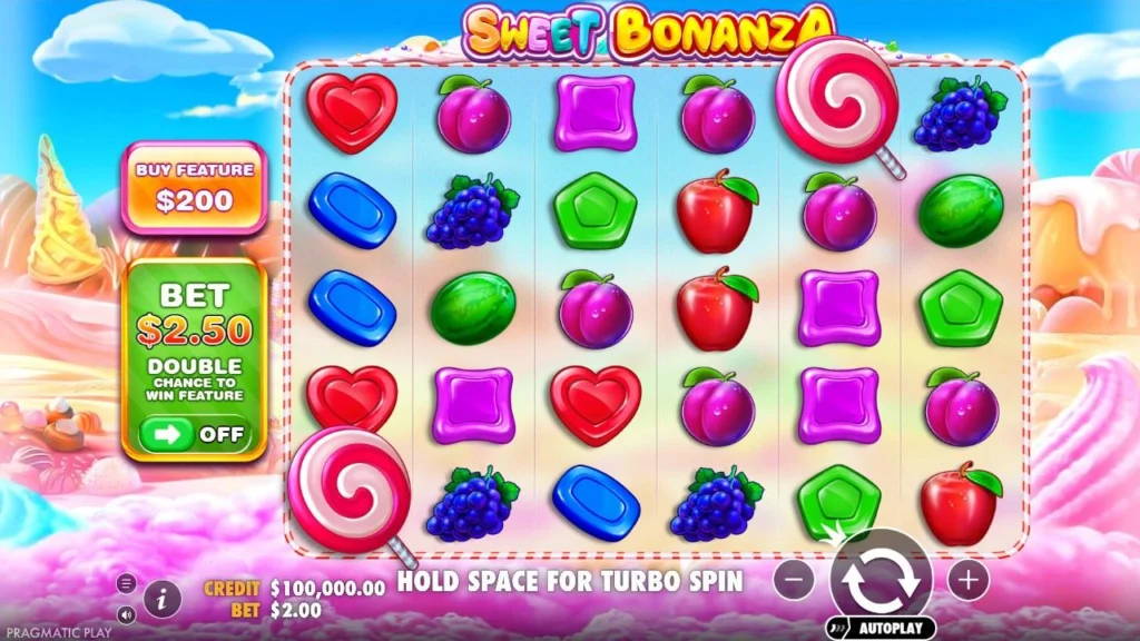 Sweet Bonanza slot base game in the official Pragmatic Play demo with the bet panel visible