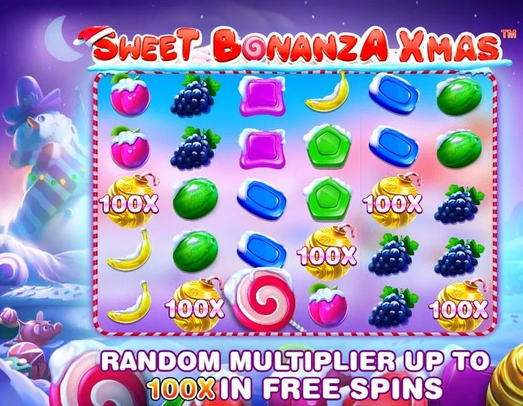 Sweet Bonanza Xmas intro screen with 100x multipliers
