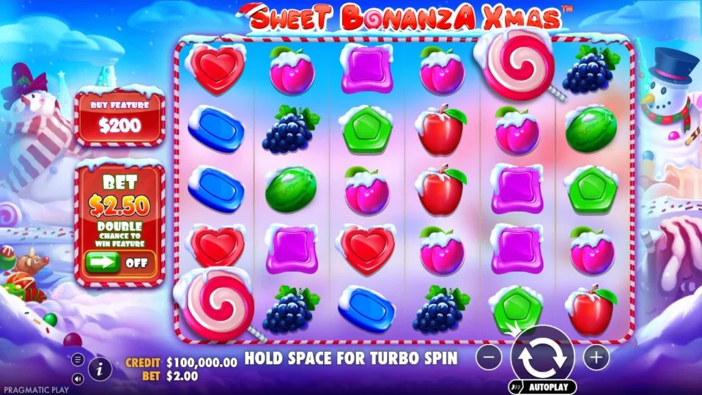 Sweet Bonanza Xmas slot 6x5 grid with frosted fruit, sweets and lollipop symbols